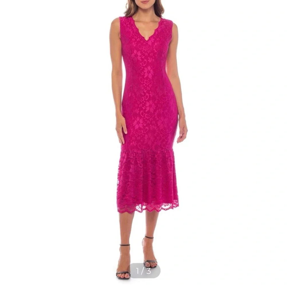 MARINA Fuchsia Lace Midi Dress medium - Picture 1 of 3